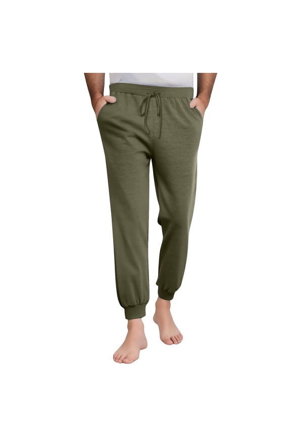 Mens Soft Jersey Joggers,Elastic Drawstring Waist,Lounge,Casual Cuffed Pajama Pants,Army Green,Size L