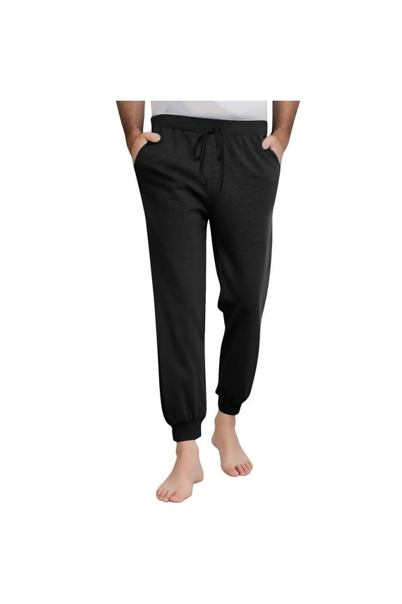 Mens Soft Jersey Joggers,Elastic Drawstring Waist,Lounge,Casual Cuffed Pajama Pants,Black,Size L