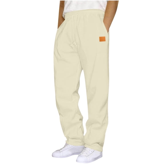 GuangCheng Mens Solid Color Sweatpants,Elastic Waist,Drawstring,Casual Baggy Fit Sport Joggers with Pocket,Beige,Size M