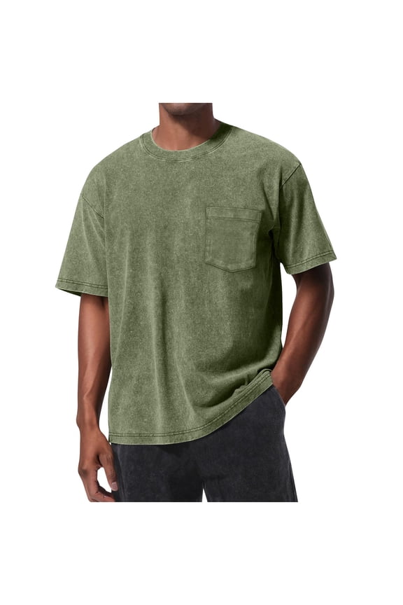 Mens Solid Color T-Shirts with Chest Pockets,Baggy Fit,Soft,Breathable,Crewneck,Tee Shirts,Army Green,Size 2XL