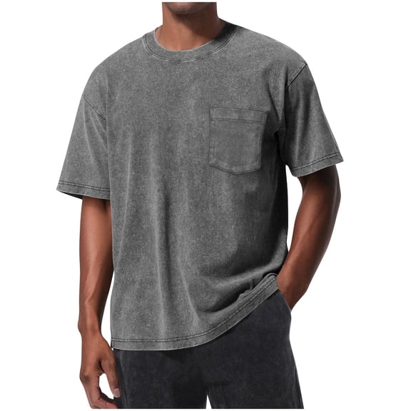 GuangCheng Mens Solid Color T-Shirts with Chest Pockets,Baggy Fit,Soft,Breathable,Crewneck,Tee Shirts,Black,Size 2XL