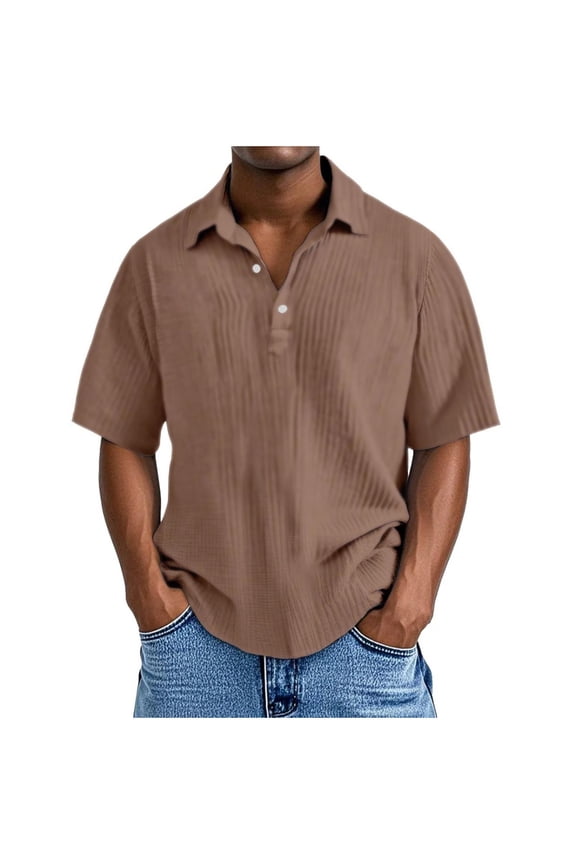 Mens Solid Color Textured Short Sleeve Shirts,Baggy Fit,Soft,Breathable,Pullover,Dress Shirts,Brown,Size 4XL