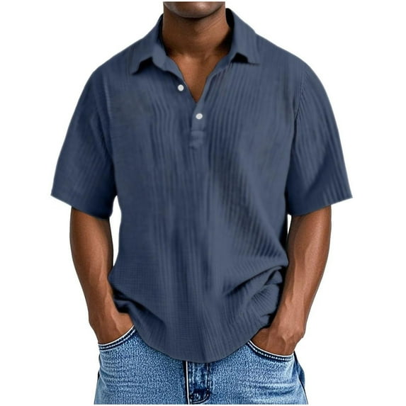 GuangCheng Mens Solid Color Textured Short Sleeve Shirts,Baggy Fit,Soft,Breathable,Pullover,Dress Shirts,Navy,Size 5XL