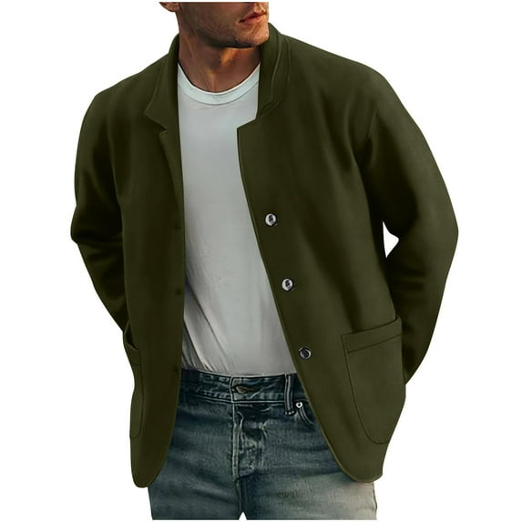 GuangCheng George Mens Solid Knit Jackets,Lightweight,Casual,Button Up Coats,with Pockets,Workwear,Outerwear,Army Green,XL