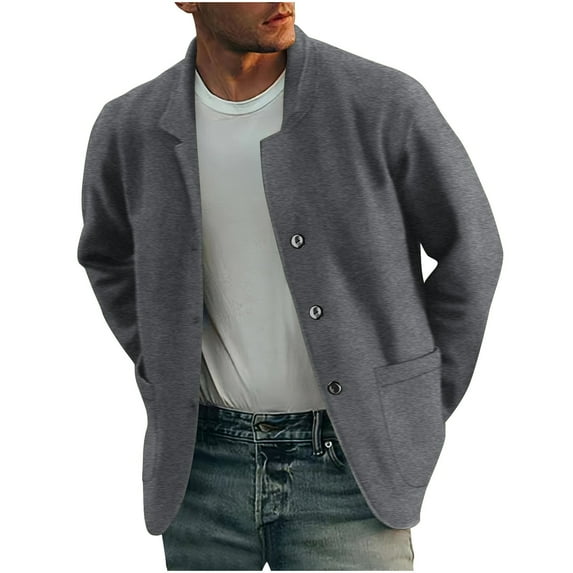 GuangCheng George Mens Solid Knit Jackets,Lightweight,Casual,Button Up Coats,with Pockets,Workwear,Outerwear,Dark Gray,3XL