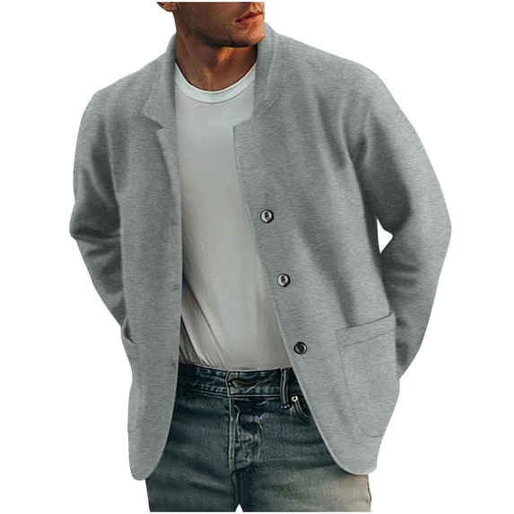 GuangCheng Mens Solid Knit Jackets,Lightweight,Casual,Button Up Coats,with Pockets,Workwear,Outerwear,Gray,M