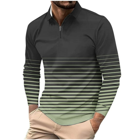 GuangCheng George Mens Striped Half Zip Shirts Long Sleeve Horizontal Lines Gradient Effect Soft Breathable Casual Comfort Top,Green,XL