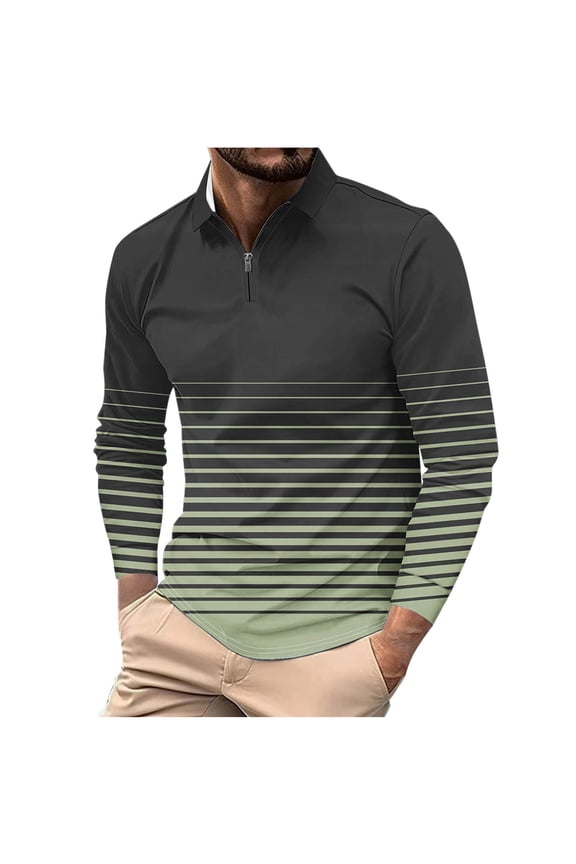 Mens Striped Half Zip Shirts Long Sleeve Horizontal Lines Gradient Effect Soft Breathable Casual Comfort Top,Green,XL