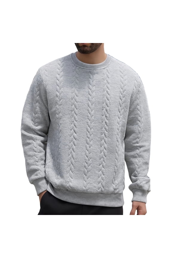 Mens Sweaters,Cable Knit,Crew Neck,Textured,Warm Casual Tops,Soft Baggy Fit Tops,Gray,Size L