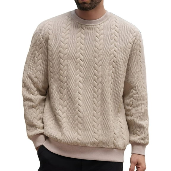 GuangCheng George Mens Sweaters,Cable Knit,Crew Neck,Textured,Warm Casual Tops,Soft Baggy Fit Tops,Khaki,Size XL