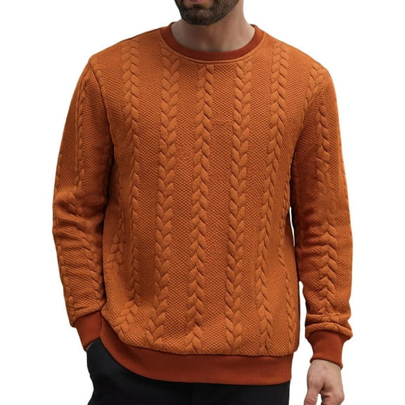 GuangCheng George Mens Sweaters,Cable Knit,Crew Neck,Textured,Warm Casual Tops,Soft Baggy Fit Tops,Orange,Size L