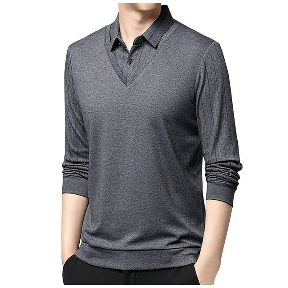 GuangCheng Mens Sweaters Vest Shirt Set Long Sleeve Striped Sleeves Collared V Neck Stretch Dress Top,Gray,XL