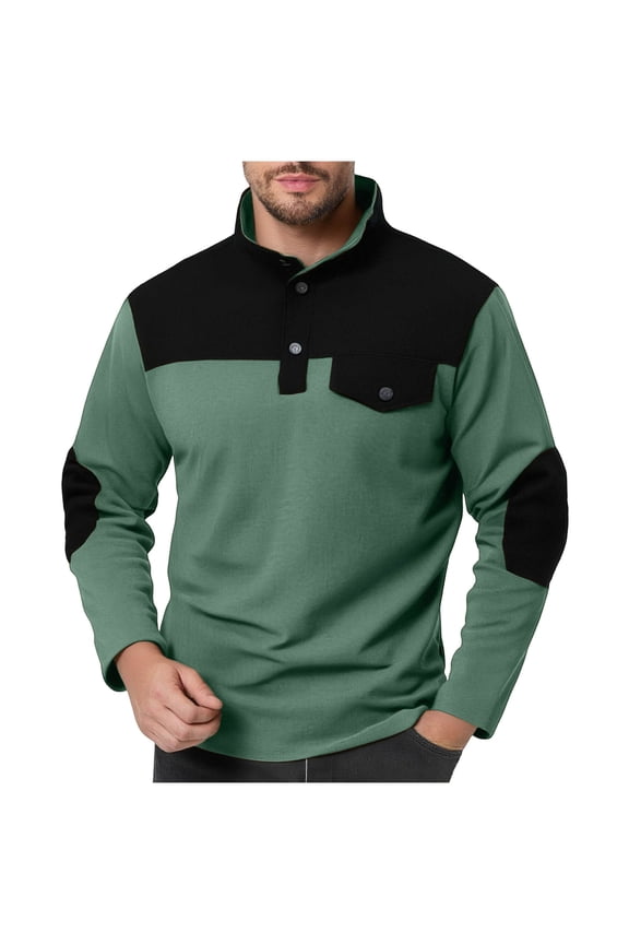 Mens Sweatshirts Colorblock Half Button Pullover Contrast Panel Elbow Patches Soft Thermal Casual Sweatshirts,Green,XL