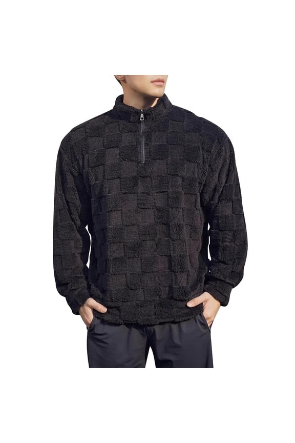 Mens Sweatshirts Quilted Fleece Pullover Half Zip Sherpa Lining Textured Thermal Warm Comfort Casual Tshirts,Black,XL