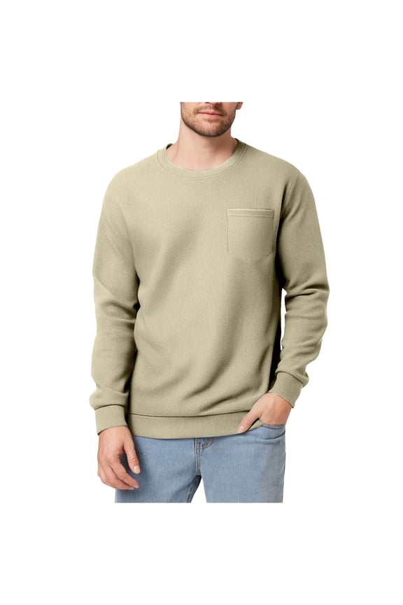 Mens Sweatshirts,Textured,Long Sleeve Tops with Chest Pocket,Loose Fit,Soft,Pullover Casual Baggy Tees,Khaki,Size XL