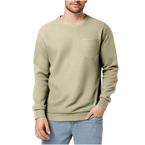 GuangCheng George Mens Sweatshirts,Textured,Long Sleeve Tops with Chest Pocket,Loose Fit,Soft,Pullover Casual Baggy Tees,Khaki,Size XL