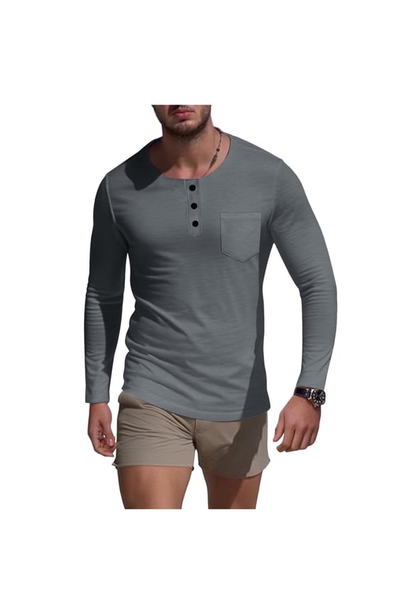 Mens T-Shirts,Skinny,Button Collar,Long Sleeve Tops,with Chest Pocket,Regular Fit,Soft,Crewneck Pullover Tees,Gray,Size S