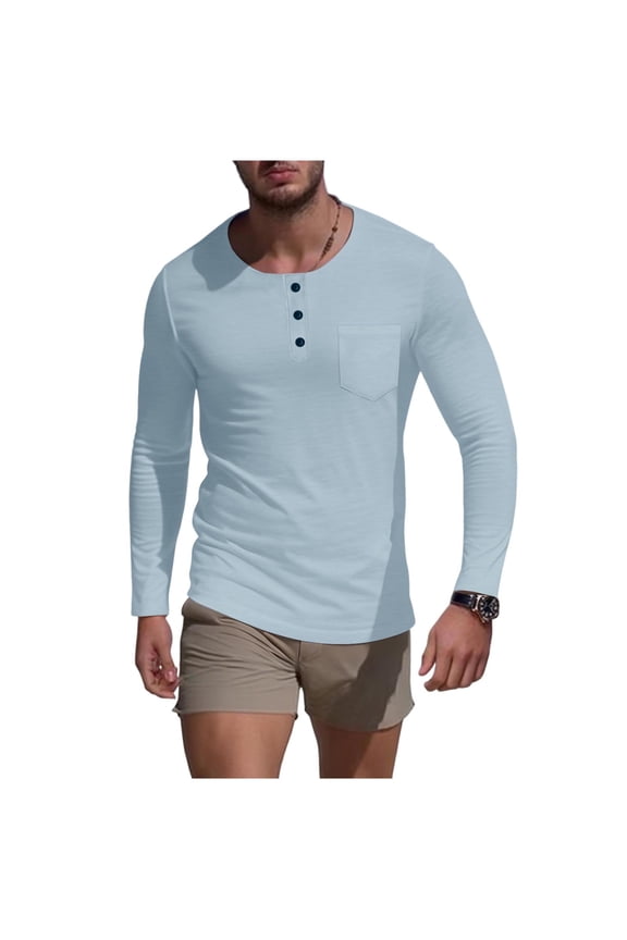 Mens T-Shirts,Skinny,Button Collar,Long Sleeve Tops,with Chest Pocket,Regular Fit,Soft,Crewneck Pullover Tees,Light Blue,Size L