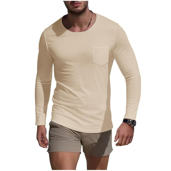 GuangCheng Mens T-Shirts,Skinny,Solid Color,Long Sleeve Tops,with Chest Pocket,Regular Fit,Soft,Crewneck Pullover Tees,Khaki,Size M