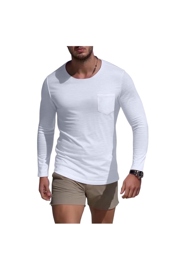 Mens T-Shirts,Skinny,Solid Color,Long Sleeve Tops,with Chest Pocket,Regular Fit,Soft,Crewneck Pullover Tees,White,Size 2XL