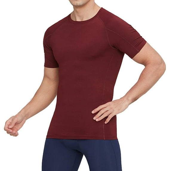 GuangCheng Mens T-Shirts,Solid Compression Sports,Quick-Dry, Breathable,Stretch,Muscle,Pullover,Athletic Fit Tops,Wine,Size XL