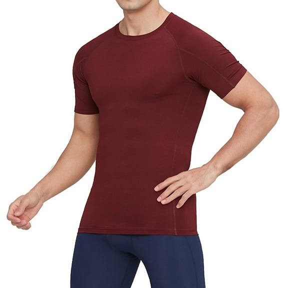 GuangCheng George Mens T-Shirts,Solid Compression Sports,Quick-Dry, Breathable,Stretch,Muscle,Pullover,Athletic Fit Tops,Wine,Size XL