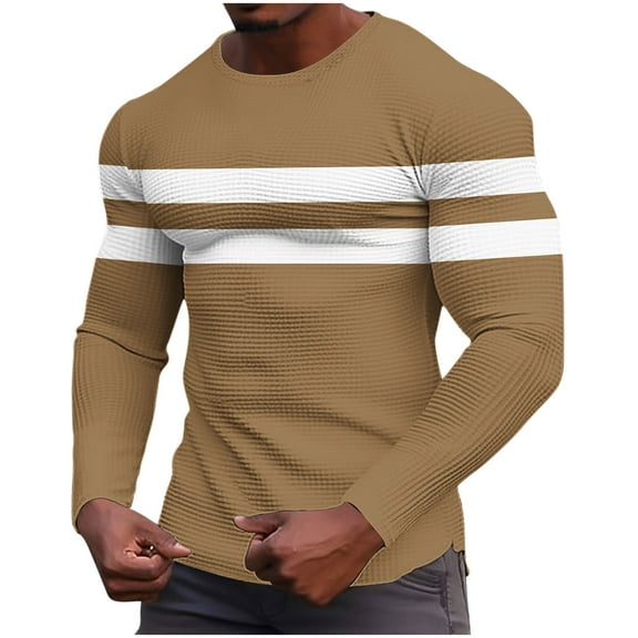 GuangCheng George Mens T-Shirts,Striped,Long Sleeve,Thermal,Slim Fit,Breathable,Soft,Stretch,Moisture-Wicking,Textured Knit,Casual Tees,Khaki,Size 4XL