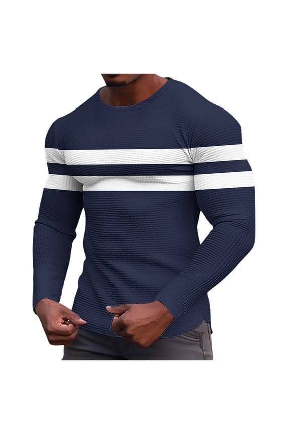 Mens T-Shirts,Striped,Long Sleeve,Thermal,Slim Fit,Breathable,Soft,Stretch,Moisture-Wicking,Textured Knit,Casual Tees,Navy,Size L