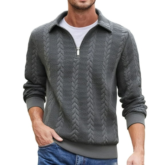 GuangCheng George Mens Textured Cable Knit Sweaters,Half Zip,Pullover,Casual Warm Top,Comfort Fit Sweaters,Gray,Size S