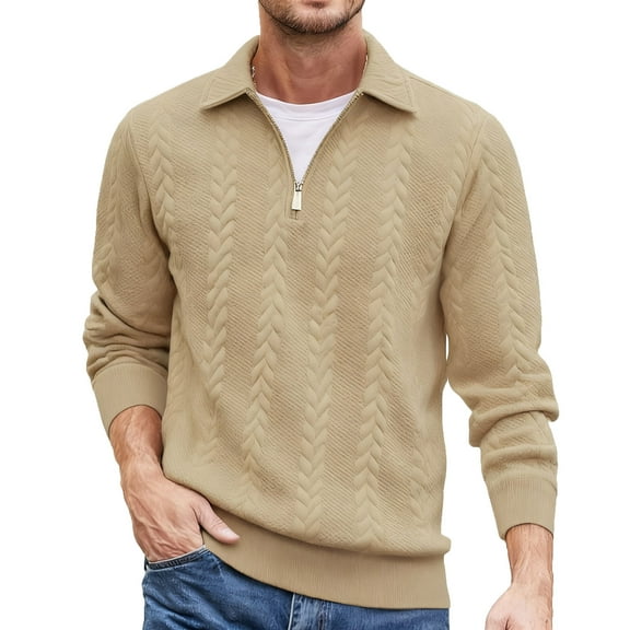 GuangCheng George Mens Textured Cable Knit Sweaters,Half Zip,Pullover,Casual Warm Top,Comfort Fit Sweaters,Khaki,Size 2XL