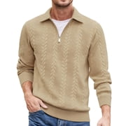GuangCheng Mens Textured Cable Knit Sweaters,Half Zip,Pullover,Casual Warm Top,Comfort Fit Sweaters,Khaki,Size L