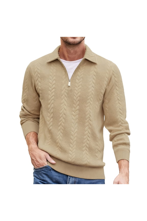 Mens Textured Cable Knit Sweaters,Half Zip,Pullover,Casual Warm Top,Comfort Fit Sweaters,Khaki,Size L