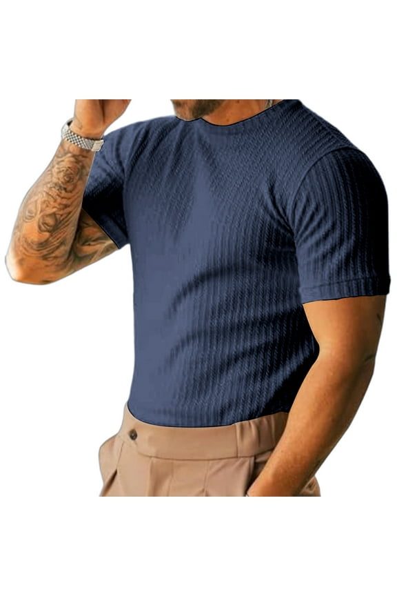 Mens Textured Knit Short Sleeve T-Shirts,Slim Fit,Soft,Comfortable,Stretch,Moisture-Wicking,Versatile Casual,Athletic Tees,Navy,Size L