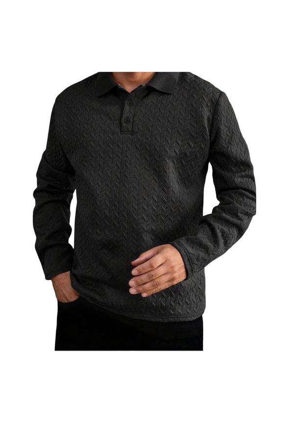 Mens Textured Quilted Shirts Long Sleeve Button Placket Warm Casual Comfort Lapel Collared Blouses,Black,3XL