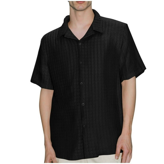 GuangCheng George Mens Textured Short Sleeve Button Down Shirts,Regular Fit,Soft,Breathable,Lightweight,Comfortable,Casual Tees,Black,Size 3XL