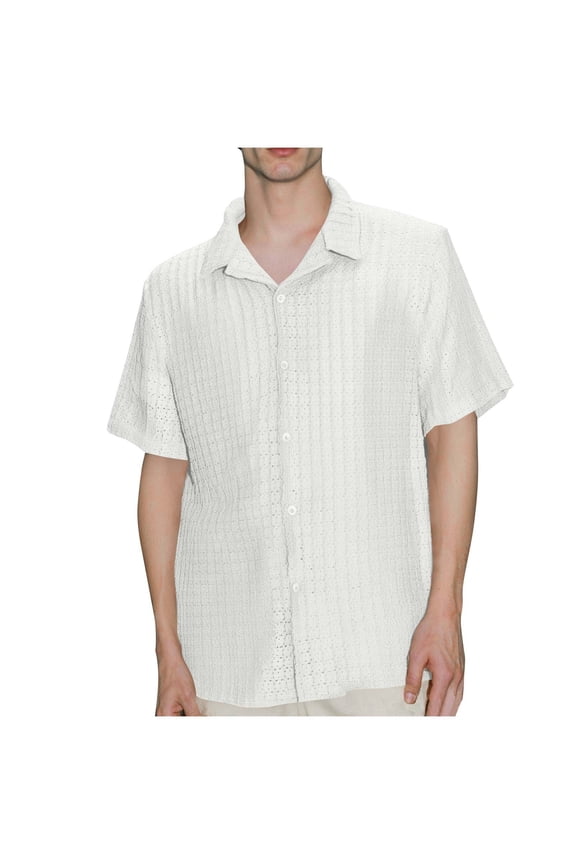 Mens Textured Short Sleeve Button Down Shirts,Regular Fit,Soft,Breathable,Lightweight,Comfortable,Casual Tees,White,Size M
