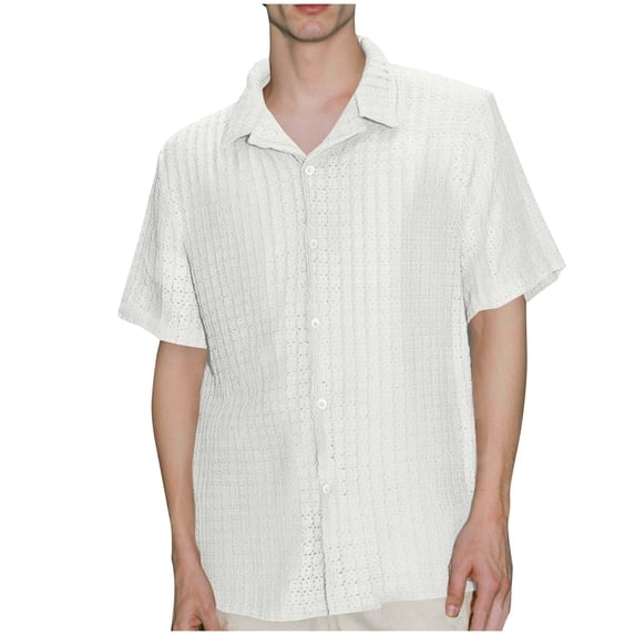GuangCheng Mens Textured Short Sleeve Button Down Shirts,Regular Fit,Soft,Breathable,Lightweight,Comfortable,Casual Tees,White,Size S