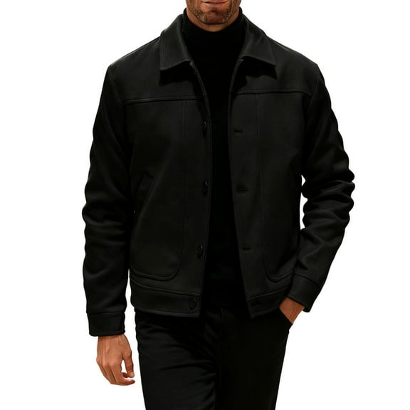 GuangCheng George Mens Textured Wool Blend Jackets,Button Up,Casual Coat with Collared Neckline,Black,S