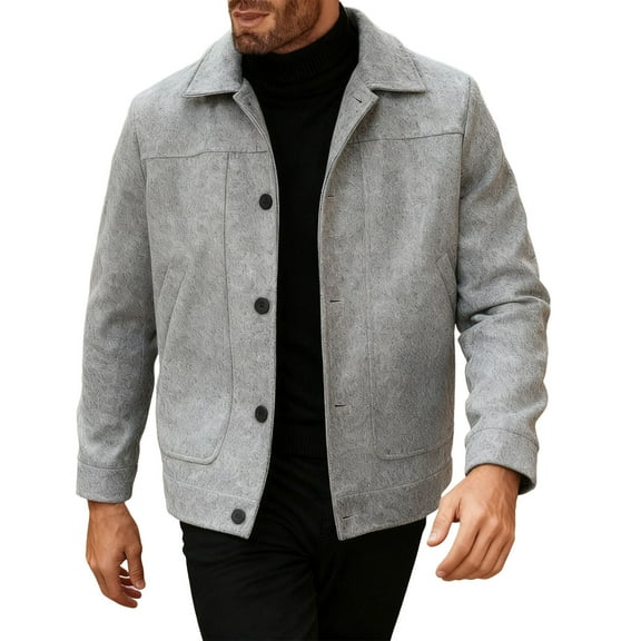 GuangCheng George Mens Textured Wool Blend Jackets,Button Up,Casual Coat with Collared Neckline,Gray,2XL