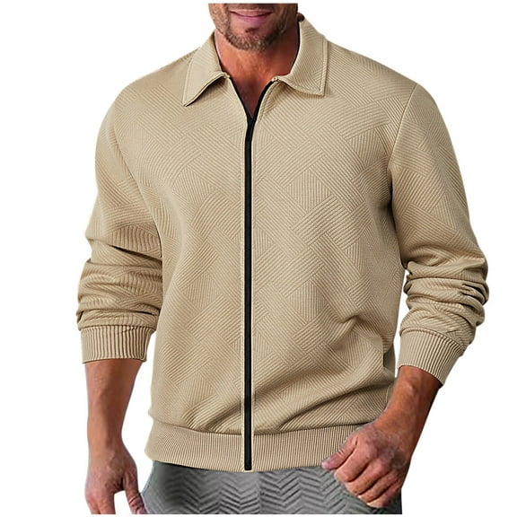 GuangCheng George Mens Textured Zip Up Shirts,Lapel Collar Sweaters,Casual Jacket,Baggy Warm Tops,Khaki,M