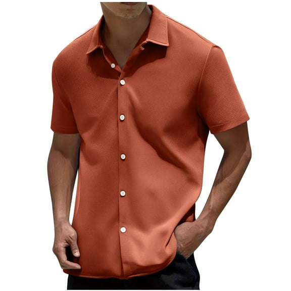 GuangCheng Mens Tops,Button Down,Short Sleeve Shirts,Classic Fit,Soft,Breathable Comfortable Casual Lapel Shirts,Orange,Size XL