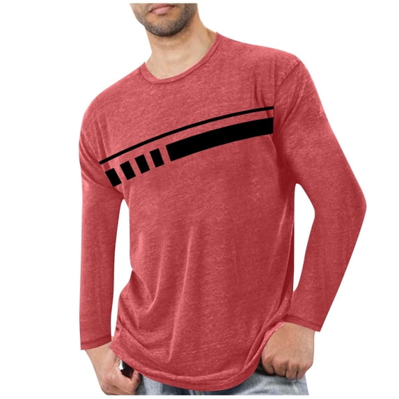 GuangCheng Mens Tops Printed Striped Long Sleeve T-Shirts,Classic Fit,Soft,Breathable,Pullover Tees,Red,Size 3XL