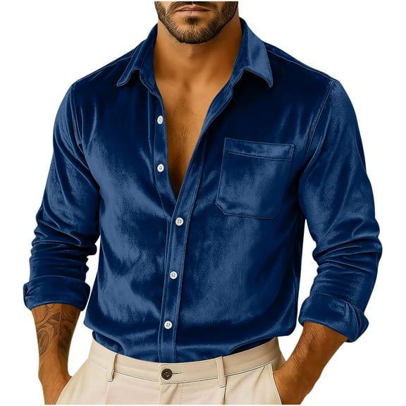 GuangCheng George Mens Tops Velvet,Long Sleeve,Button Down,Shirts with Chest Pocket,Oversized Fit,Soft Luxurious Comfortable Casual Tees,Navy,Size XL
