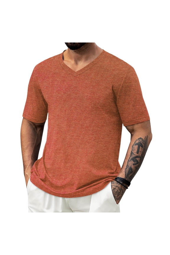 Mens Tshirts,V-Neck,Solid Color,Soft,Breathable,Lightweight Tees,Comfortable,Casual Tops,Orange,Size L