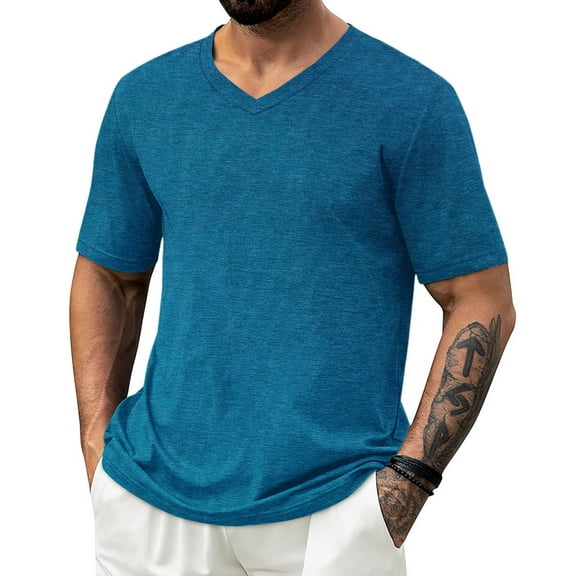 GuangCheng George Mens Tshirts,V-Neck,Solid Color,Soft,Breathable,Lightweight Tees,Comfortable,Casual Tops,Sky Blue,Size 3XL