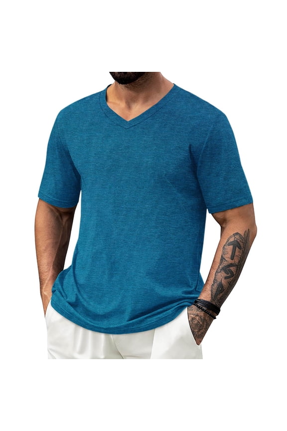 Mens Tshirts,V-Neck,Solid Color,Soft,Breathable,Lightweight Tees,Comfortable,Casual Tops,Sky Blue,Size L