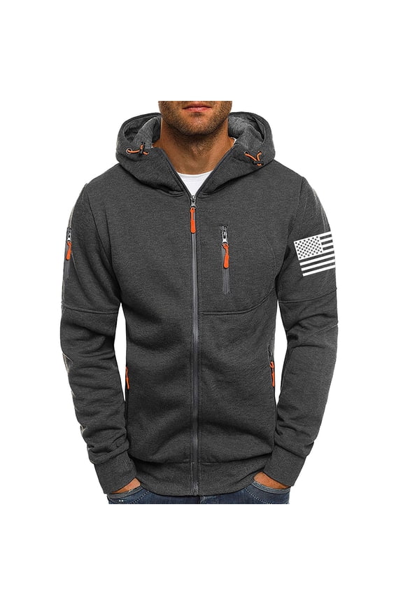 Mens USA Flag Embroidered Hooded Sweatshirts,Full-Zip,Fleece Hoodie,with Pockets,Casual Sportwear,Dark Gray,XL