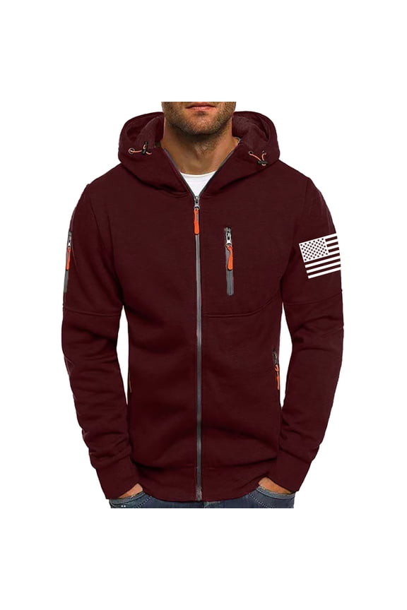 Mens USA Flag Embroidered Hooded Sweatshirts,Full-Zip,Fleece Hoodie,with Pockets,Casual Sportwear,Wine,L