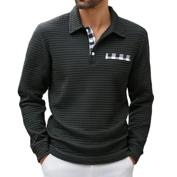 GuangCheng George Mens Waffle Knit Shirts,Long Sleeve,Textured,Button Callared,Casual Tops,Soft Checked Pocket Design,Black,Size S