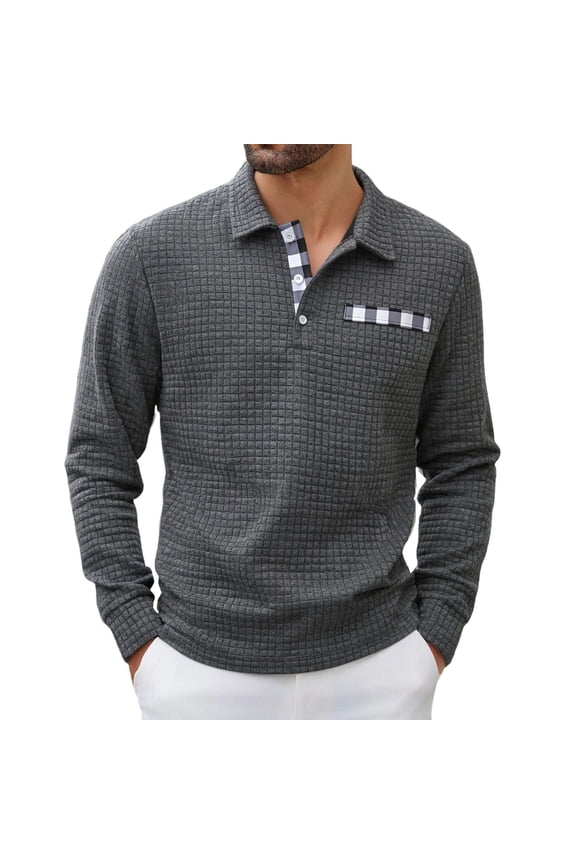 Mens Waffle Knit Shirts,Long Sleeve,Textured,Button Callared,Casual Tops,Soft Checked Pocket Design,Dark Gray,Size 2XL